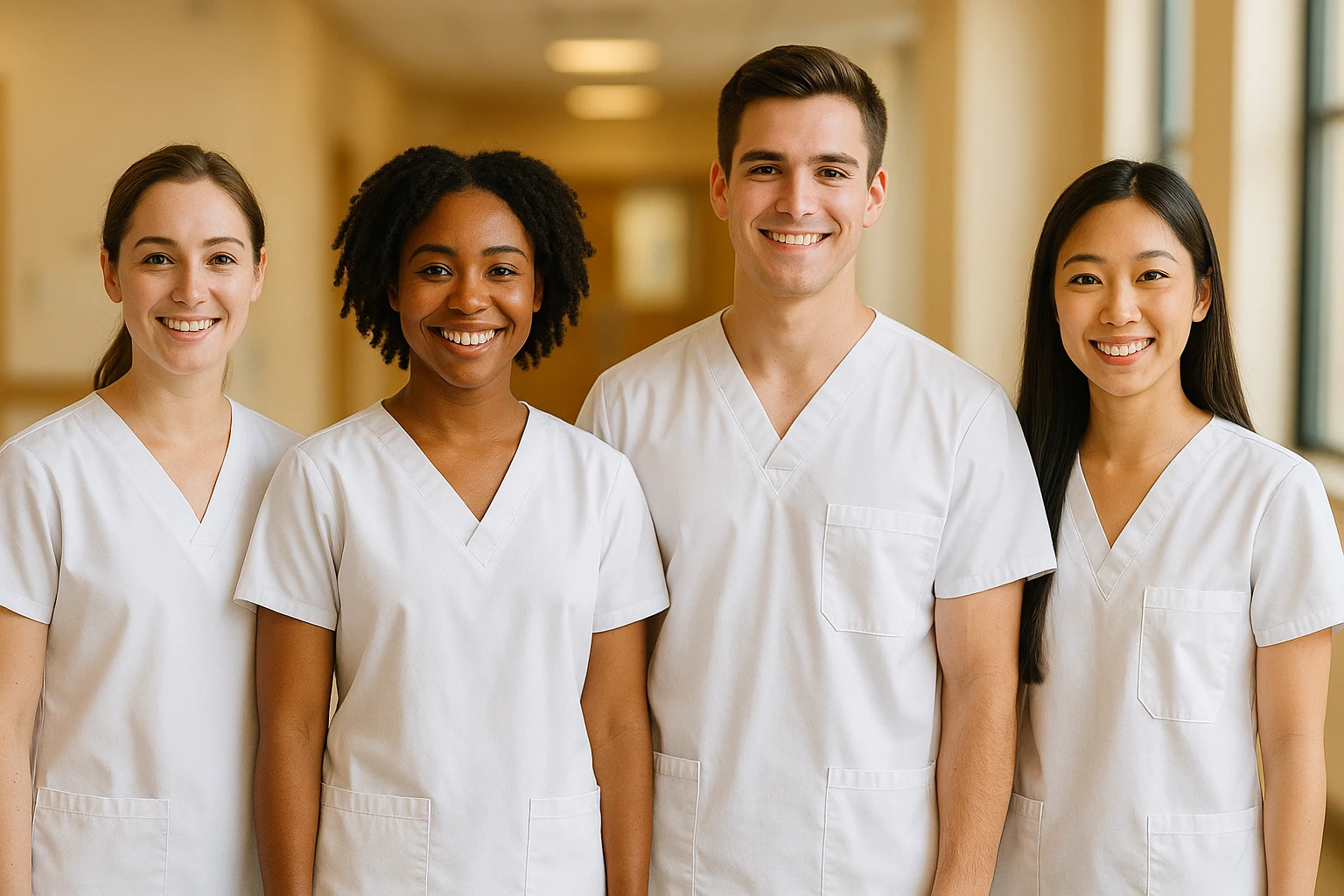 four nursing students standing side by side, not touching each other, warm atmosphere, wearing short-sleeved white uniforms, no undershirts or stethoscopes emoji