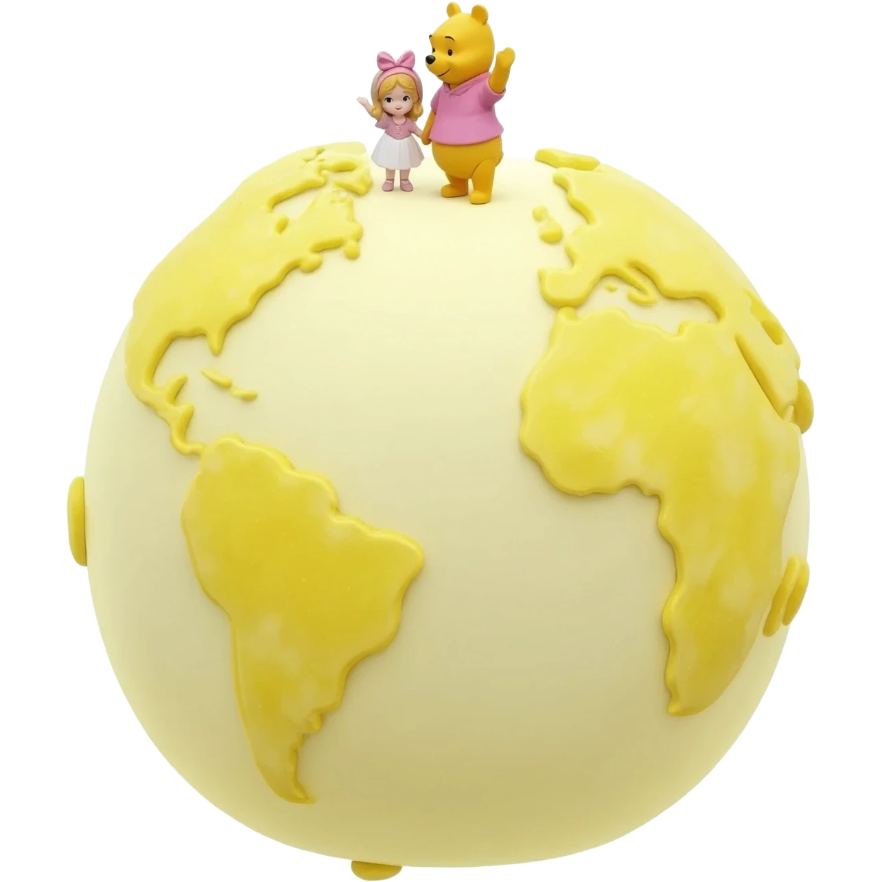 The world's biggest birthday cake that is pastel yellow and has mini Winnie the pooh figures on them and yellow icing and Emily on the cake emoji