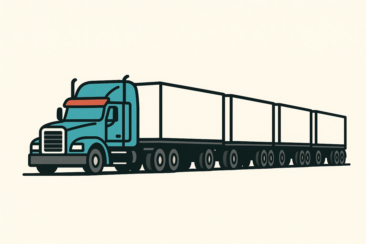 A road train: a semi truck with four trailers, cyan cab, red bug shield, clean and simple. emoji