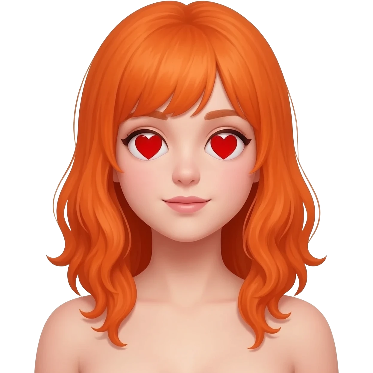 Nacktes mädchen mit orange haaren, roten herz augen und nackten brüsten emoji