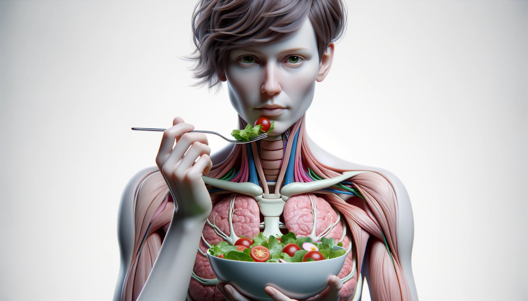 corpo umano anatomico con capelli corti che mangia un insalata con espressione serena in volto, organi sani in evidenza, iperrealistica 4k, isolato su sfondo bianco emoji