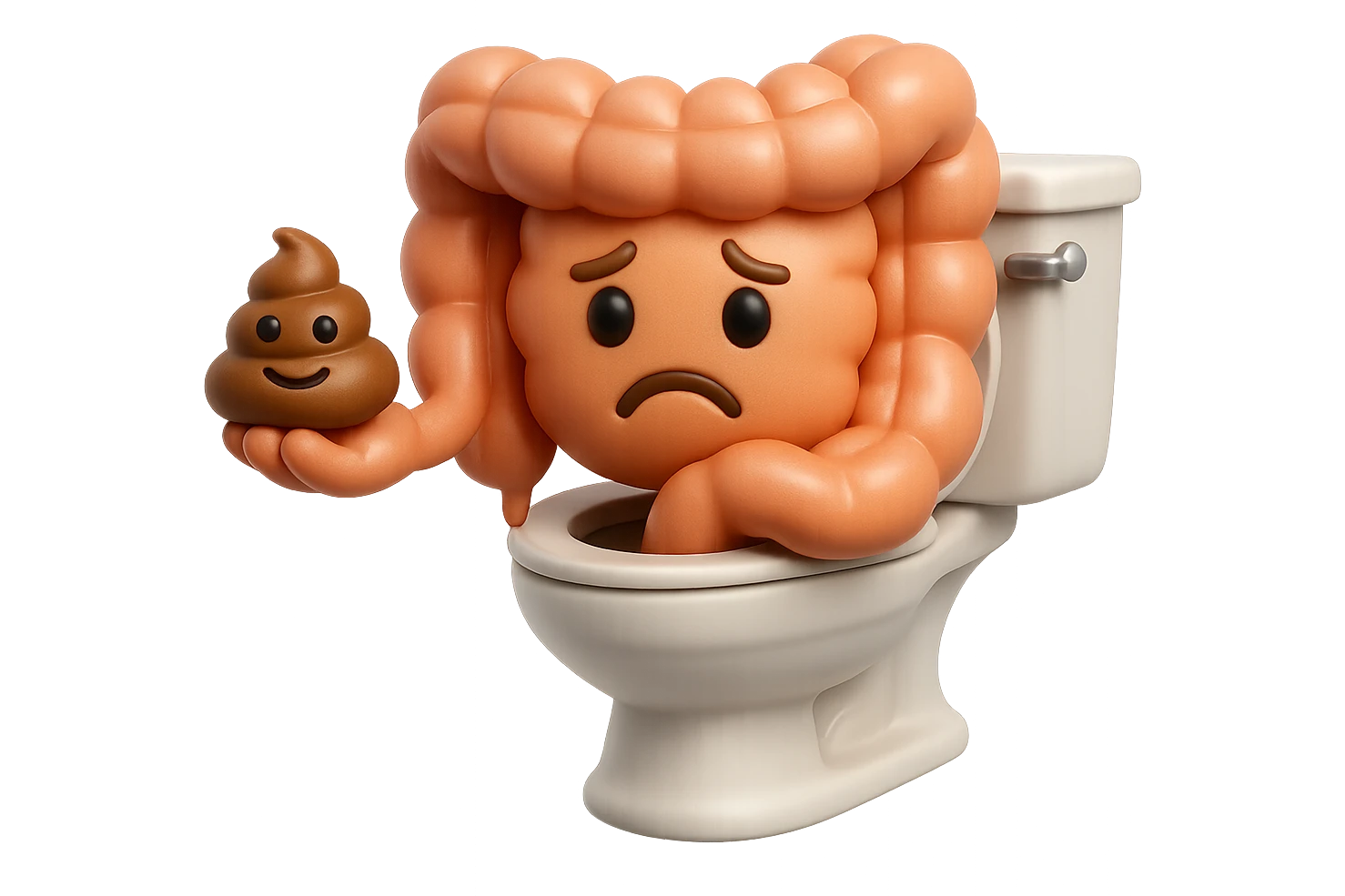 emoji stile iphone di un intestino realistico 3d che esce dal wc con in mano una montagnetta di feci con espressione triste a palline, iperrealistico 4k emoji