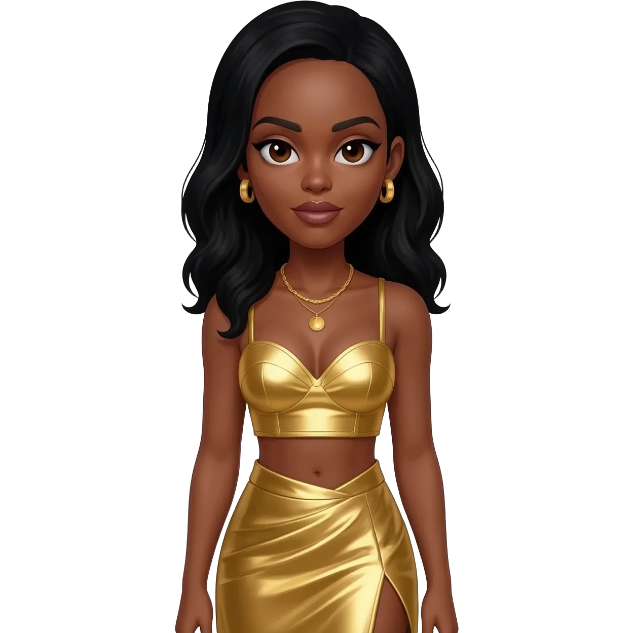Tenitra Michelle Williams, R&B Singer (b.1979) with dark brown eyes, long black hair, gold metallic sweetheart crop top, gold metallic asymmetrical skirt, gold necklace and short earrings emoji