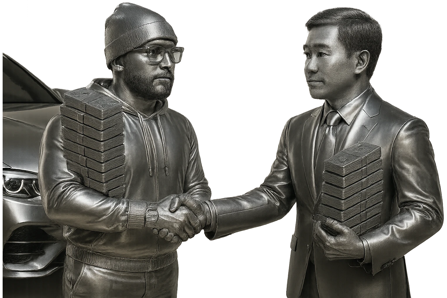 Make the watch chrome, the glasses chrome, and the suit of the Asian man chrome. Also, make the car more visible and chrome as well. Keep the people realistic and visible, with a transparent background and all other details the same. emoji