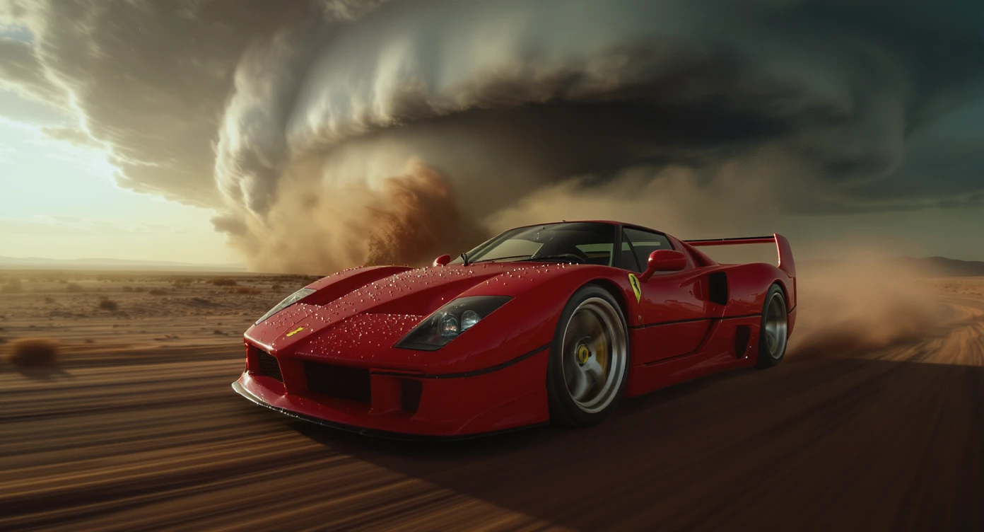 Cinematic still of a ferrari f40 around tornado od arizona desert, sun flare, captured by gopro hero with effect fisheye, water drops on car body, detailed, inspired by interstellar look, captured by a arri alexa, inspired by Wes Anderson emoji