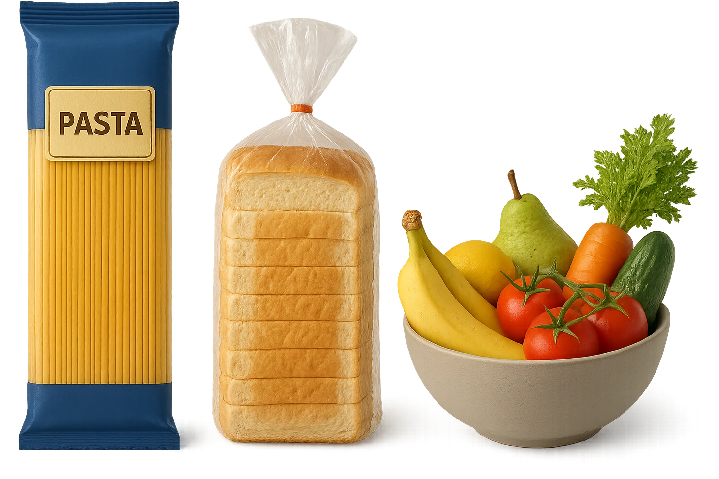 pacco di pasta realistico, pacco di pane, bowl di frutta e verdura, 4k emoji