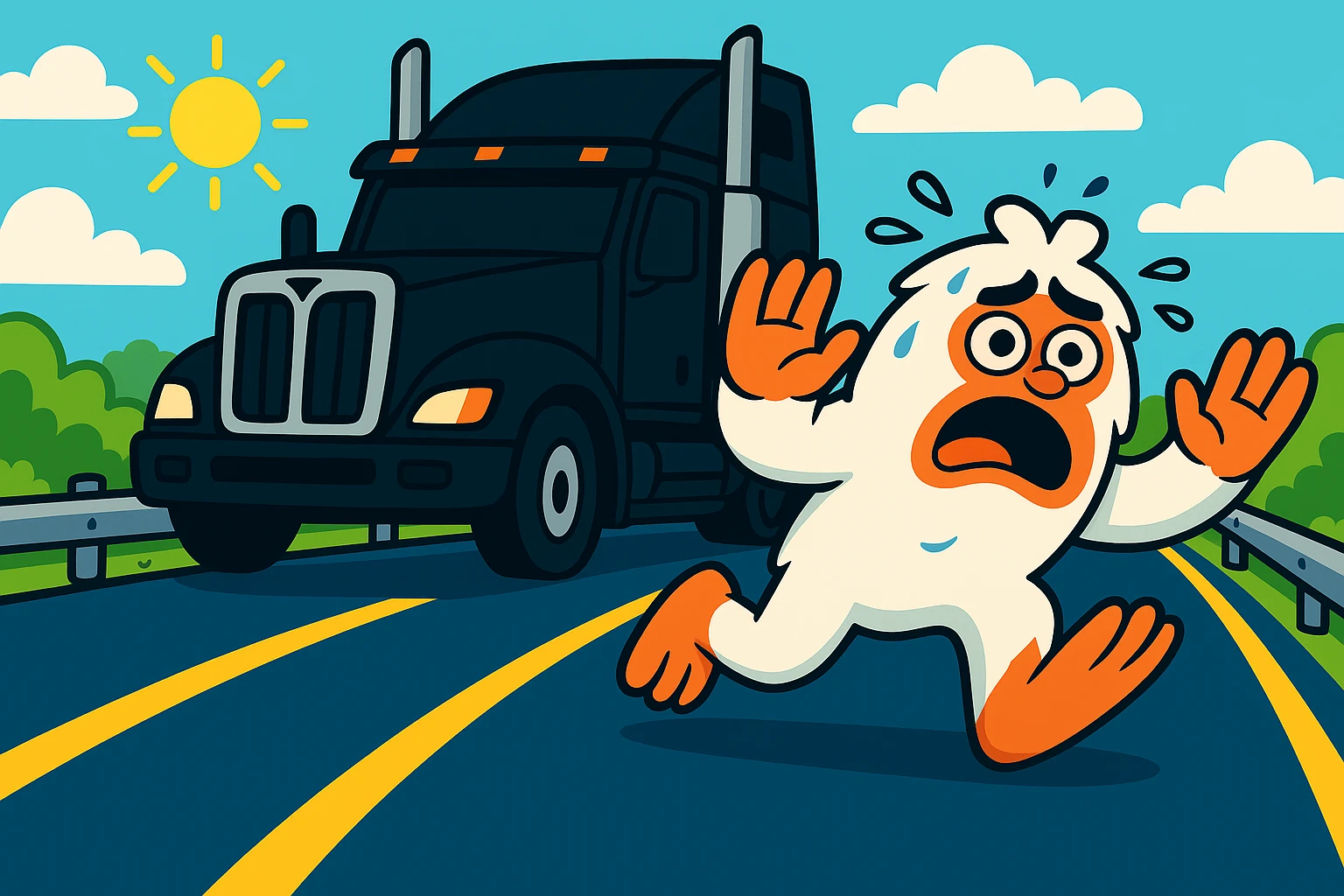 Add a guardrail along the side of the highway, keeping the small, scared abominable snowman in front of the black semi truck, both on the same side of the road, with the semi at a 45-degree angle. Maintain the bright, distant highway view. The style should remain consistent with the original image's look and feel. emoji
