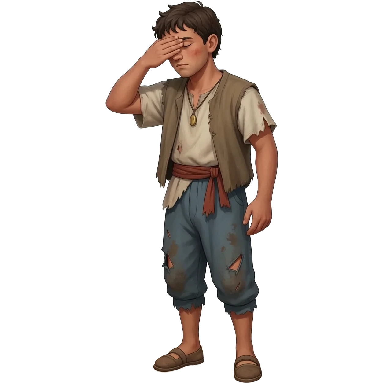 нарисуй парня  бедного в рваной грязной одежде 22-24 года, он смотрит в даль с горы, и вглядывается держа руку над глазами времена древнего иерусалима emoji