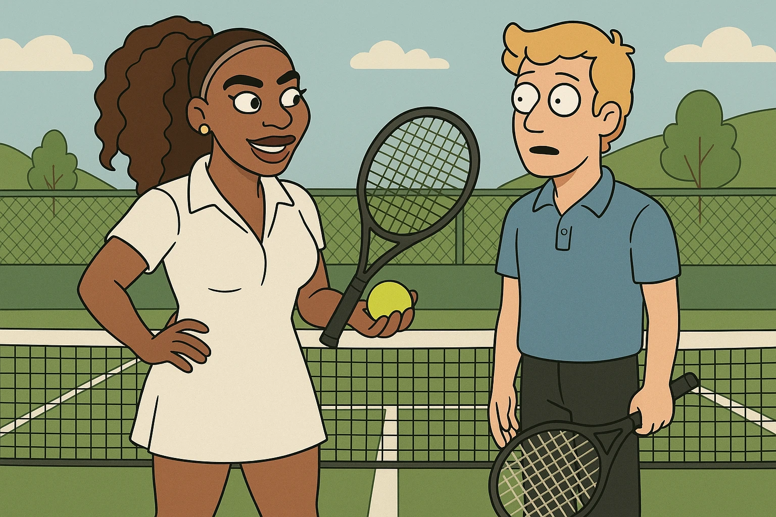 Serena Williams white shirt dress tennis racket one ball tennis a man dark yellow hair blue shirt black trousers tennis racket tennis court background  emoji