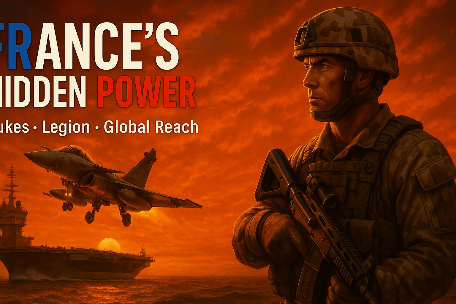 Reformat the image for a YouTube video thumbnail with a 16:9 aspect ratio. Include a bold and readable tricolor headline 'FRANCE’S HIDDEN POWER' and clear subtext 'Nukes • Legion • Global Reach'. Ensure an epic sunset scene with a Rafale jet taking off from a French carrier, and a Foreign Legion soldier in desert camo holding an advanced rifle in the foreground. The style should be cinematic, high contrast, vibrant colors, optimized for YouTube thumbnail visibility. emoji