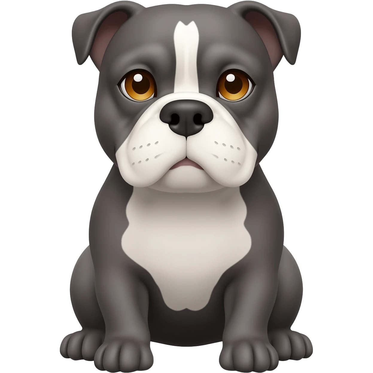 senior gray English bulldog, with small caramel details in eyebrows, white details in face, white chest, sitting in his paws. eyes are honey color emoji