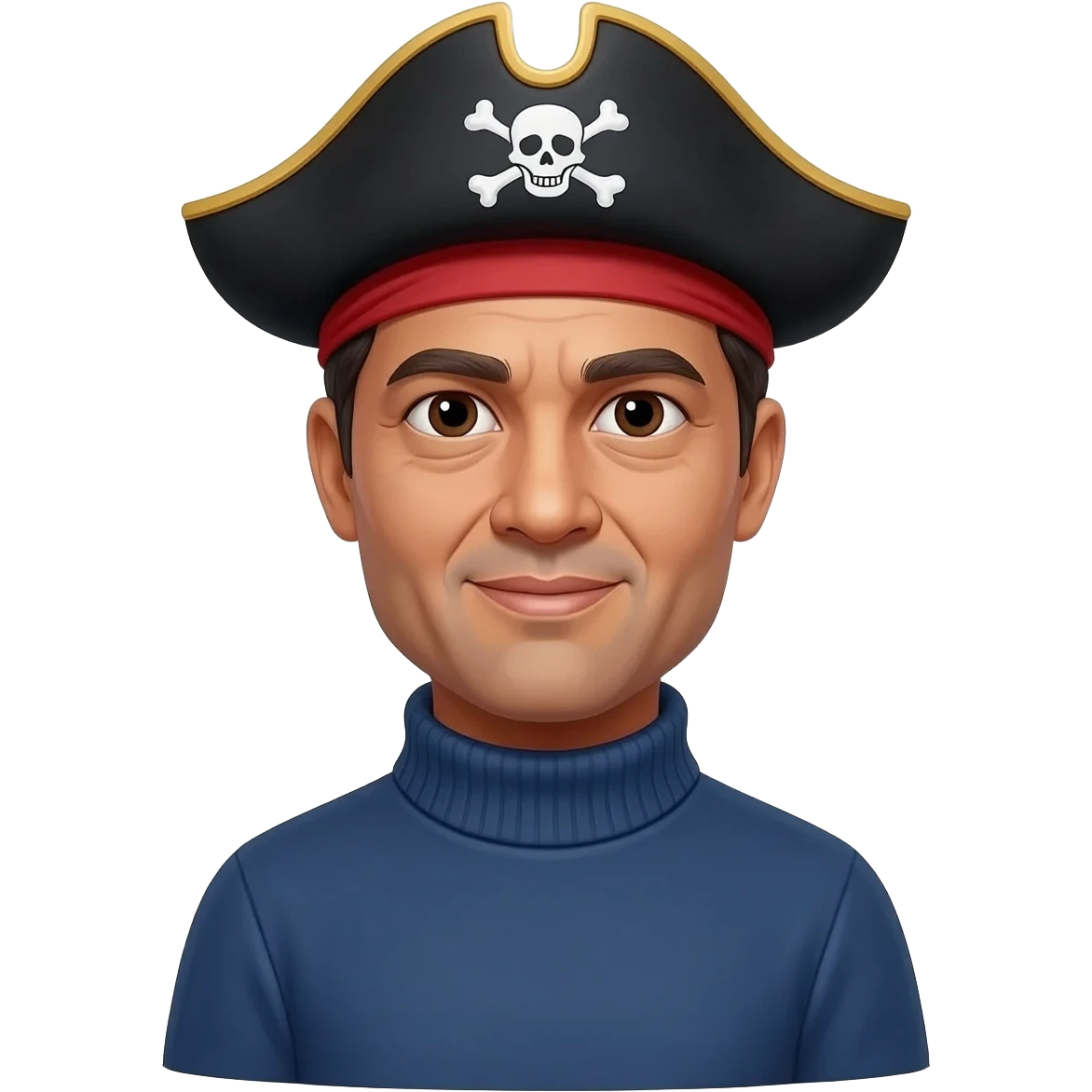 middle aged male indian primary school teacher looks like brad pitt without a moustache wearing a thick plain roller-neck jumper with a pirate headband emoji