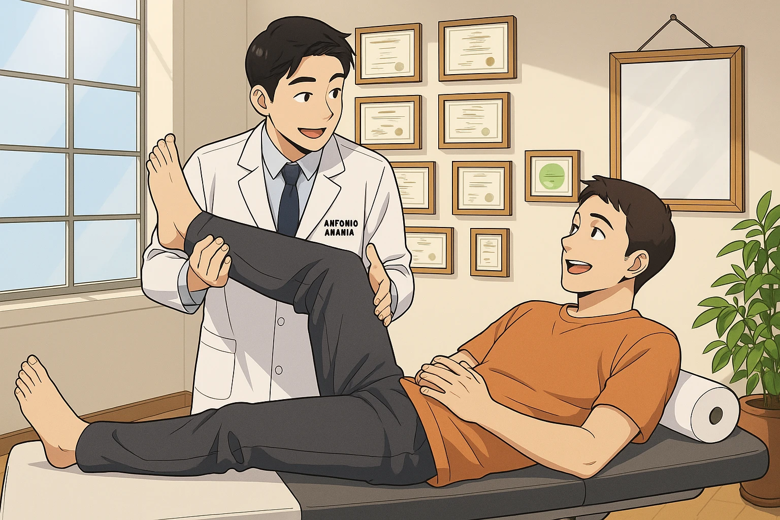 su questo lettino rappresenta un webtoon manga a colori con questo stile, in cui un uomo è steso sul lettino medico e il kinesiologo con il camice bianco (fagli anche la scritta "ANTONIO ANANIA" SUL CAMICE, gli solleva una gamba per fargli il test neuromuscolare, IL KINESIOLOGO SPIEGA ALL'UOMO UNA cosa mentre gli alza la gamba. l'espressione dell'uomo è felice e soddisfatta, non fare i fumetti però, fai solo in modo che sembri stiano parlando emoji