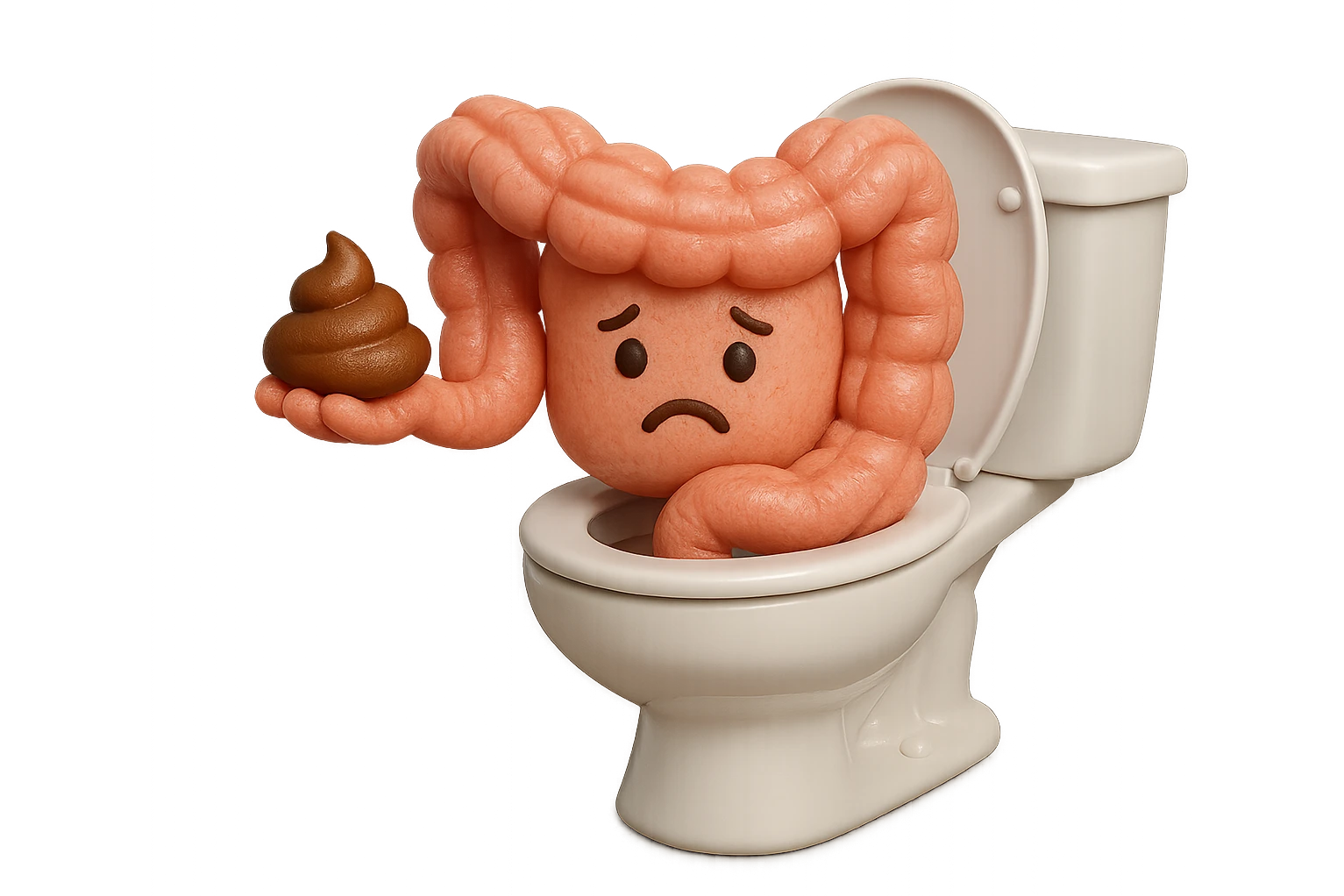 emoji stile iphone di un intestino realistico 3d che esce dal wc con in mano una montagnetta di feci con espressione triste a palline, iperrealistico 4k emoji