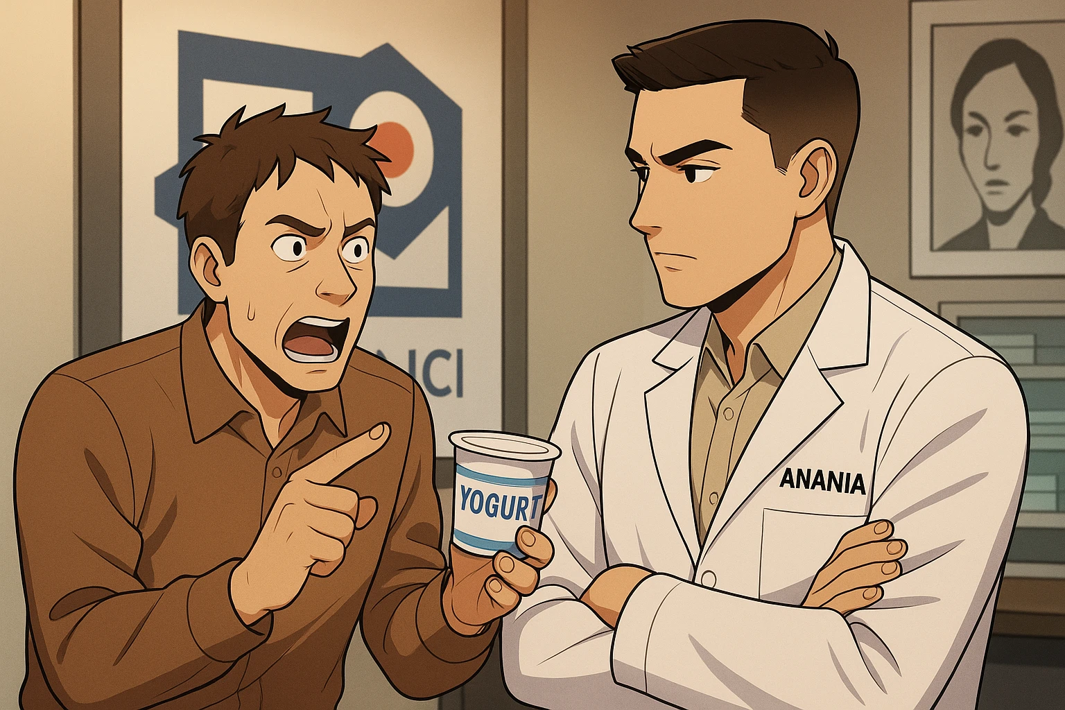 fai un webtoon manga a colori con questo stile, in cui un uomo chiede al kinesiologo con il camice bianco (fagli anche la scritta "ANTONIO ANANIA" SUL CAMICE, una domanda e il kinesiologo gli risponde, L'UOMO INDICA LO YOGURT CHE HA IN MANO ED è MOLTO ALLARMATO NEL FARE LA DOMANDA. non fare i fumetti però, fai solo in modo che sembri stiano parlando emoji