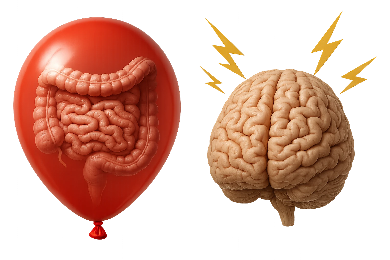 intestino umano anatomico chiuso in un palloncino rosso che simboleggia gonfiore, accanto un cervello anatomico con fulmini vicino che simboleggiano "stress", iperrealistico 4k emoji