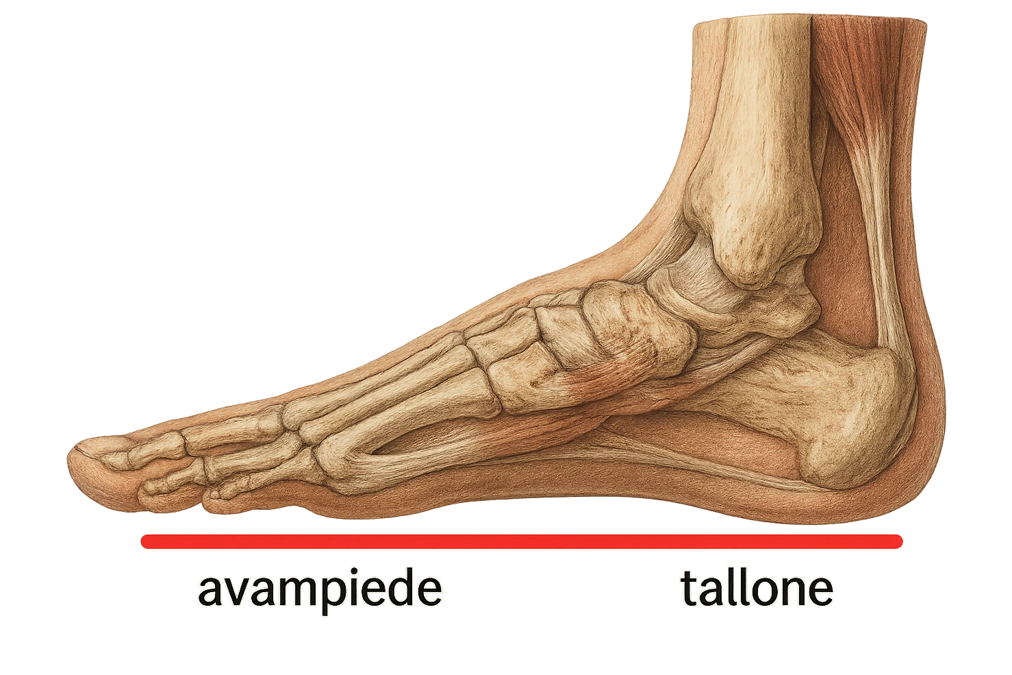 spazio dall'avampiede al tallone umano sottolineato in rosso, fai l'arto umano anatomico realistico con evidenza su quel tratto emoji