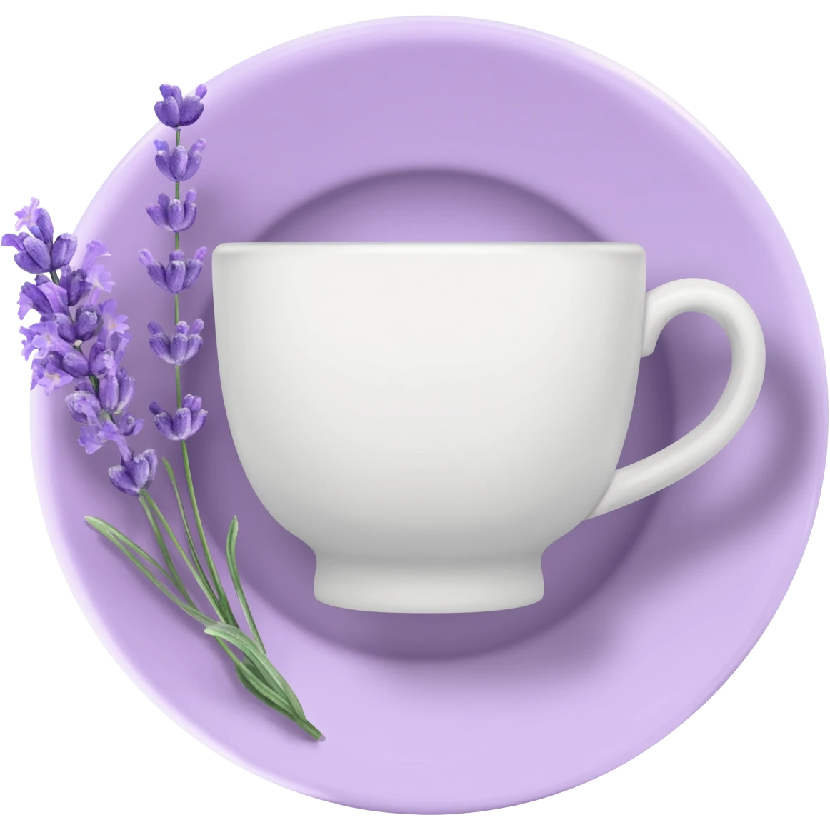 White teacup on a pastel purple plate, lavender flowers on the side, pastelcore aesthetic emoji