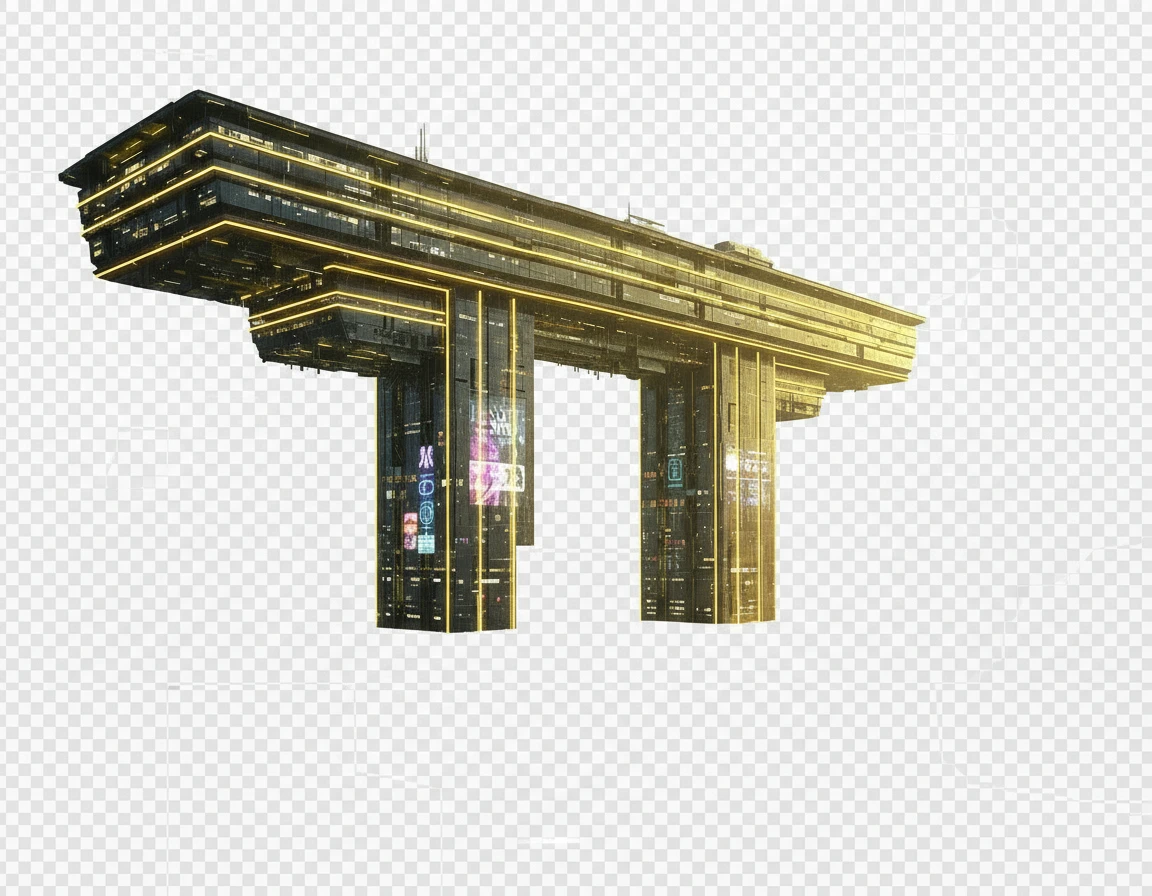 Убери все лишнее, оставь только само здание. Сделай в 2 раза больше ширину между 2 стойками, а нижнее основание убери. 

Фотореализм. Прозрачный фон emoji