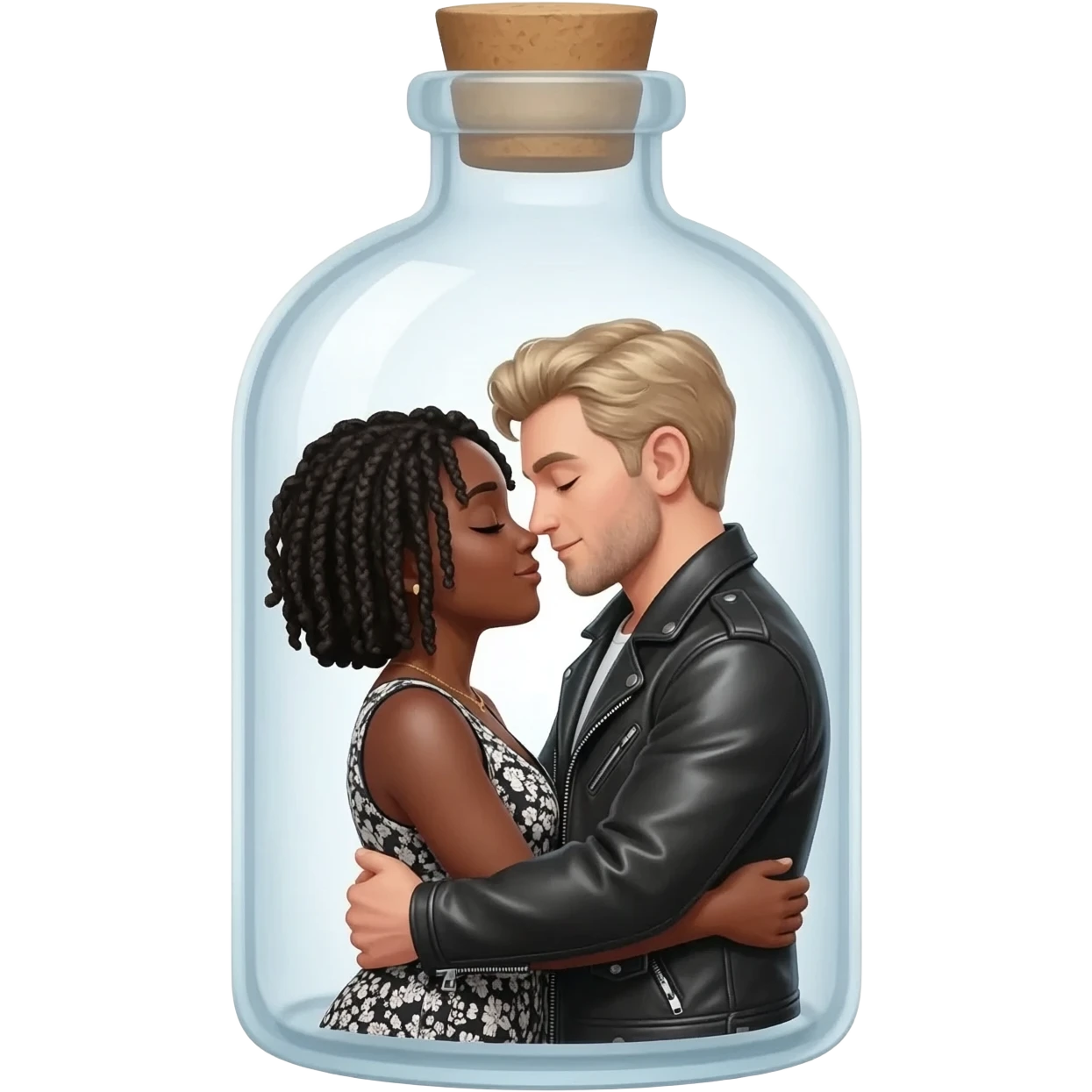 Picture Of 2 lovers inside a bottle  (girl is half black and has short cornrows , guy is white with lether jacket) emoji