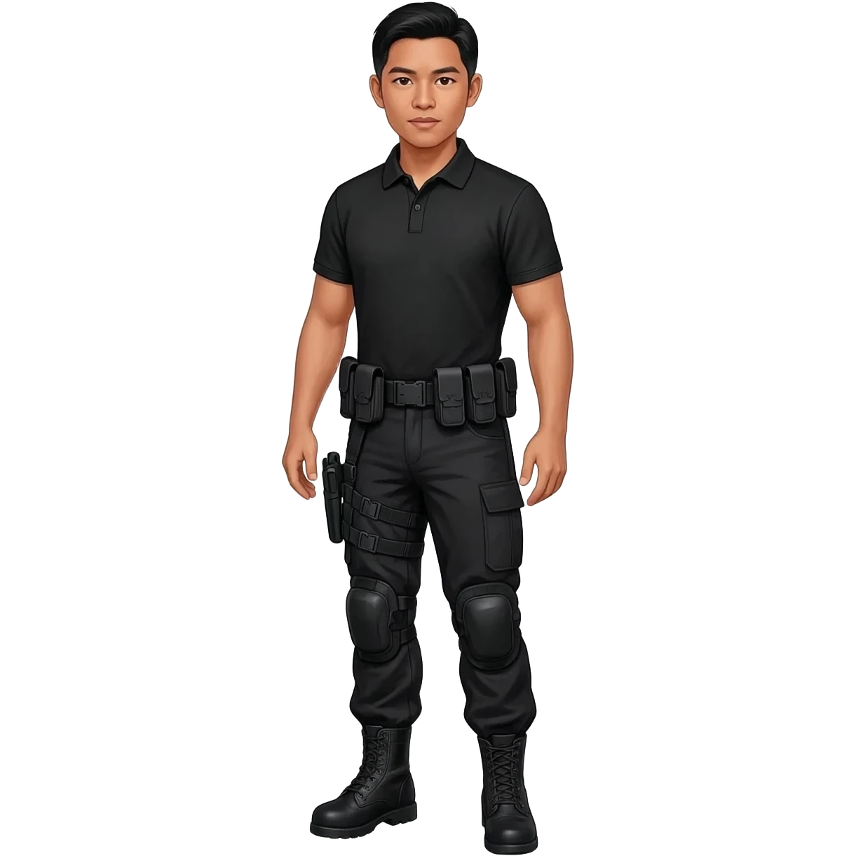 Filipino man black polo shirt and black fatigue combat pants with holster belt and black combat boots emoji