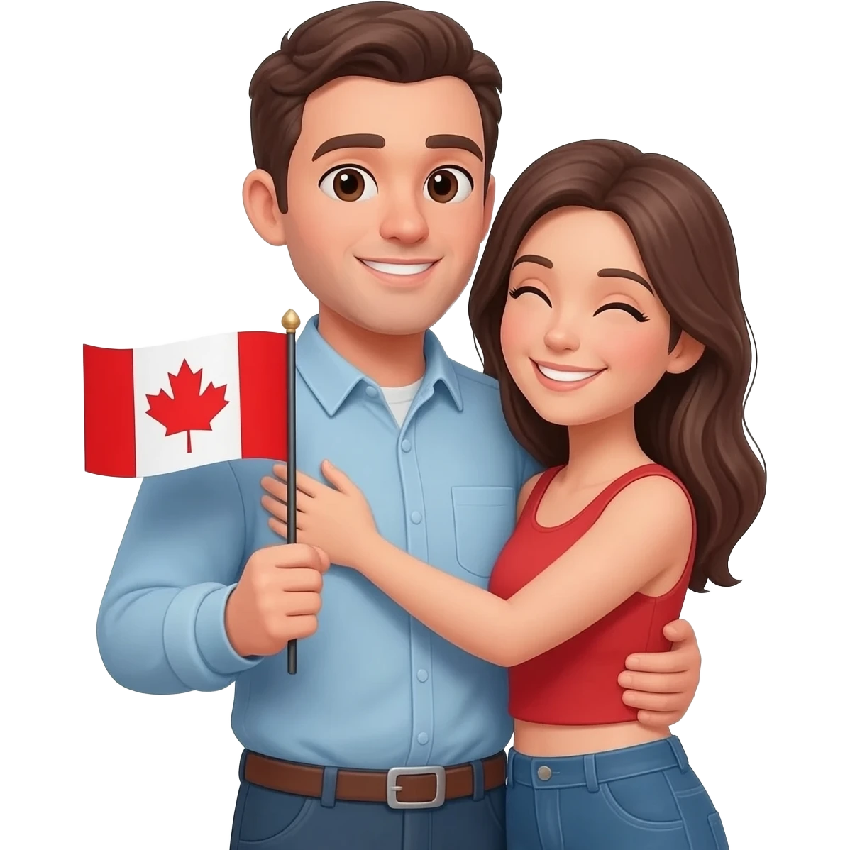 a man and a woman are hugging and one of them is holding a Canadian flag emoji