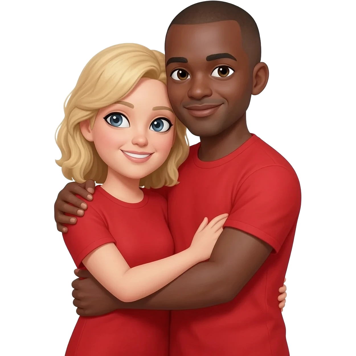 Black man with shaved in red t shirt hugging blonde woman in red t shirt emoji