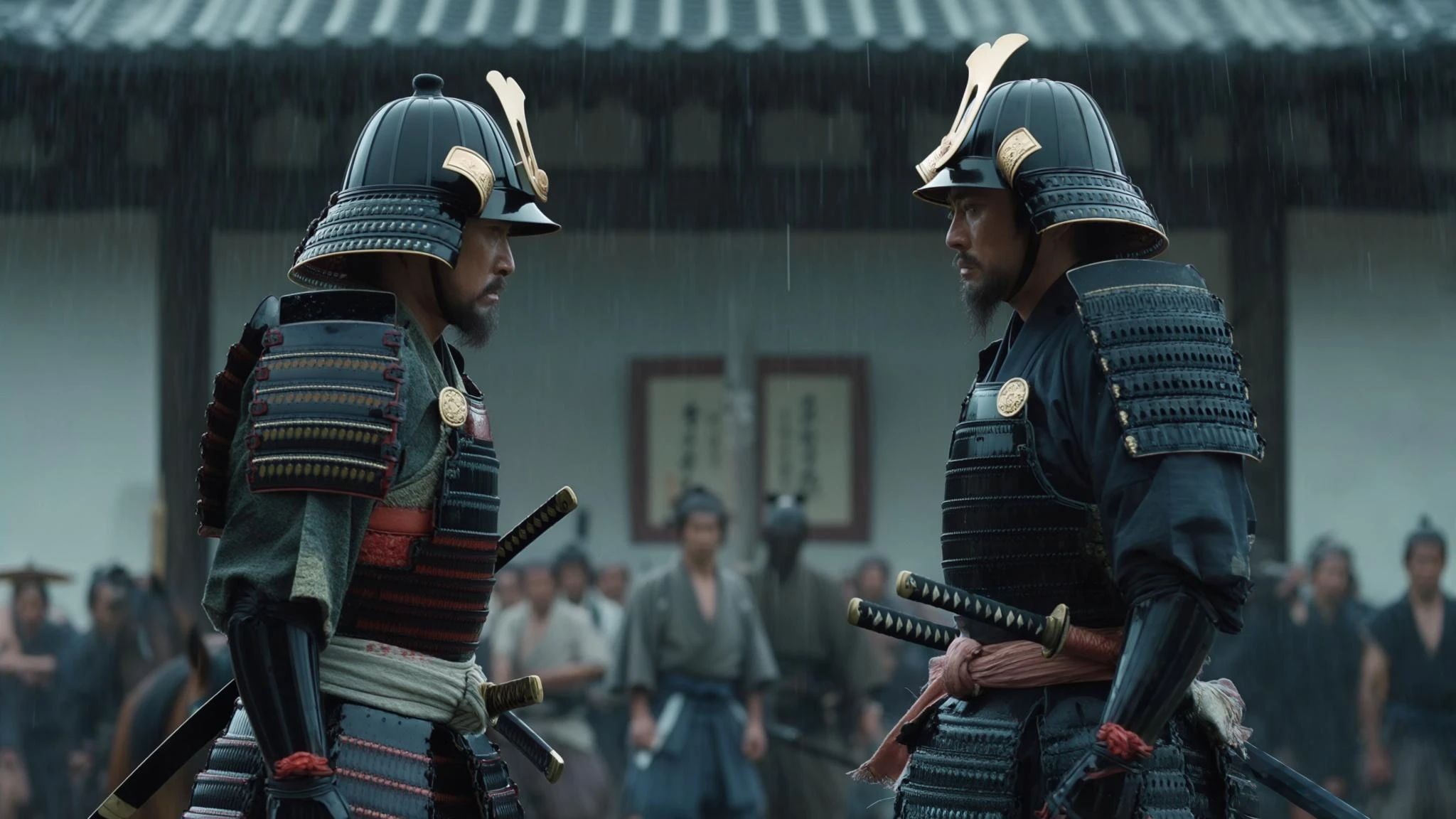 A cinematic scane from 1185, Wide shot of a two japan samurai face to face ready to fight during rain, deph composition, tense atmosphere, captured by by arri alexa, film directed by wes anderson emoji