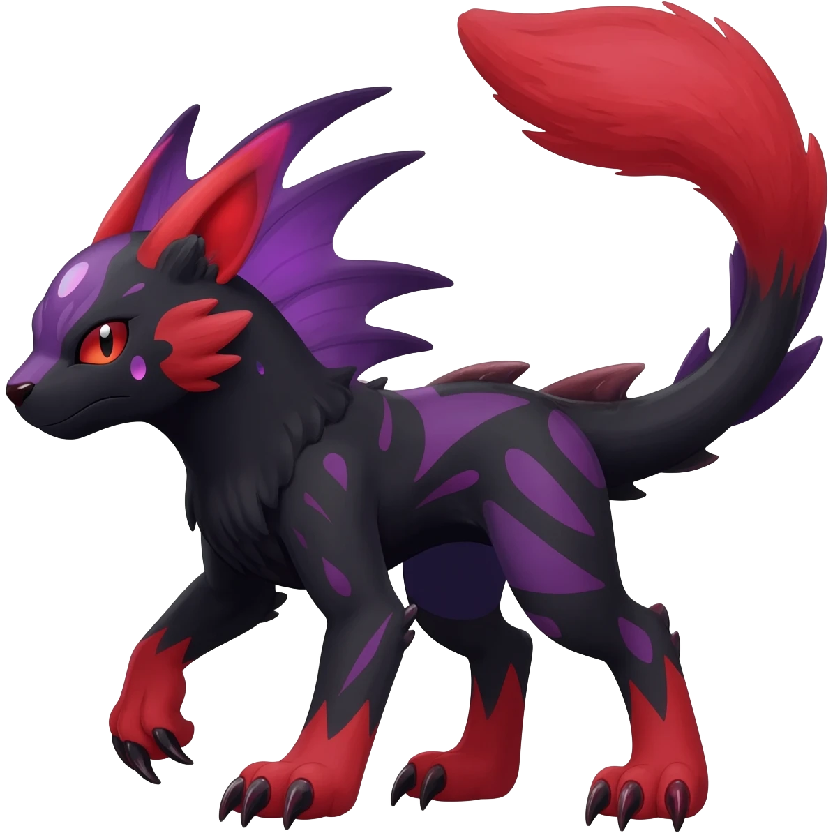 Rare realistic exotic edgy dark gothic gloomy spooky black and red/purple epic pretty beautiful handsome gorgeous aesthetic colorful vibrant Vernid-Trico-species-Fakemon-Salandit-hybrid-creature by LiLaiRa, 4 legs, 1 tail, random markings, (full body) emoji