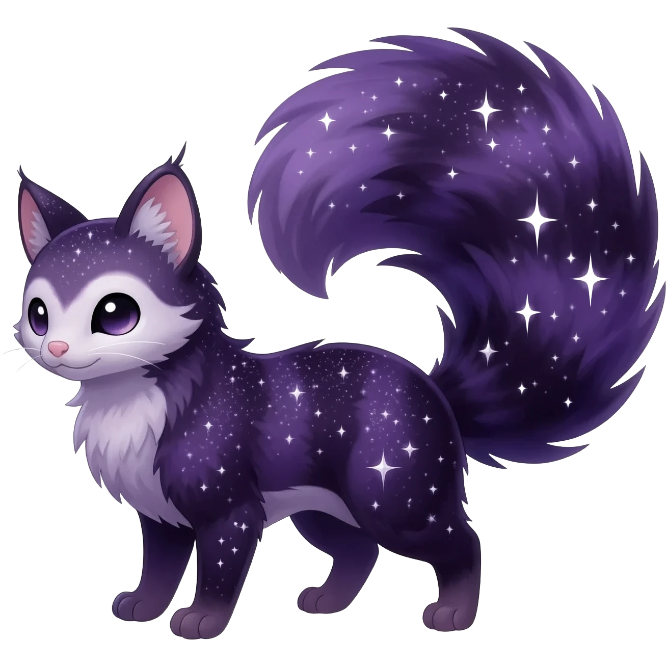 Hyper realistic  midnight-violet velvet fur soaked in starlight glitter and shadow gradients beautiful elegant pretty precious cute  Fakémon-Pokémon-opossum-feline-serval-caracal-chinchilla-Furret-Minccino-hybrid-creature with a big fluffy bushy tail (full body) emoji