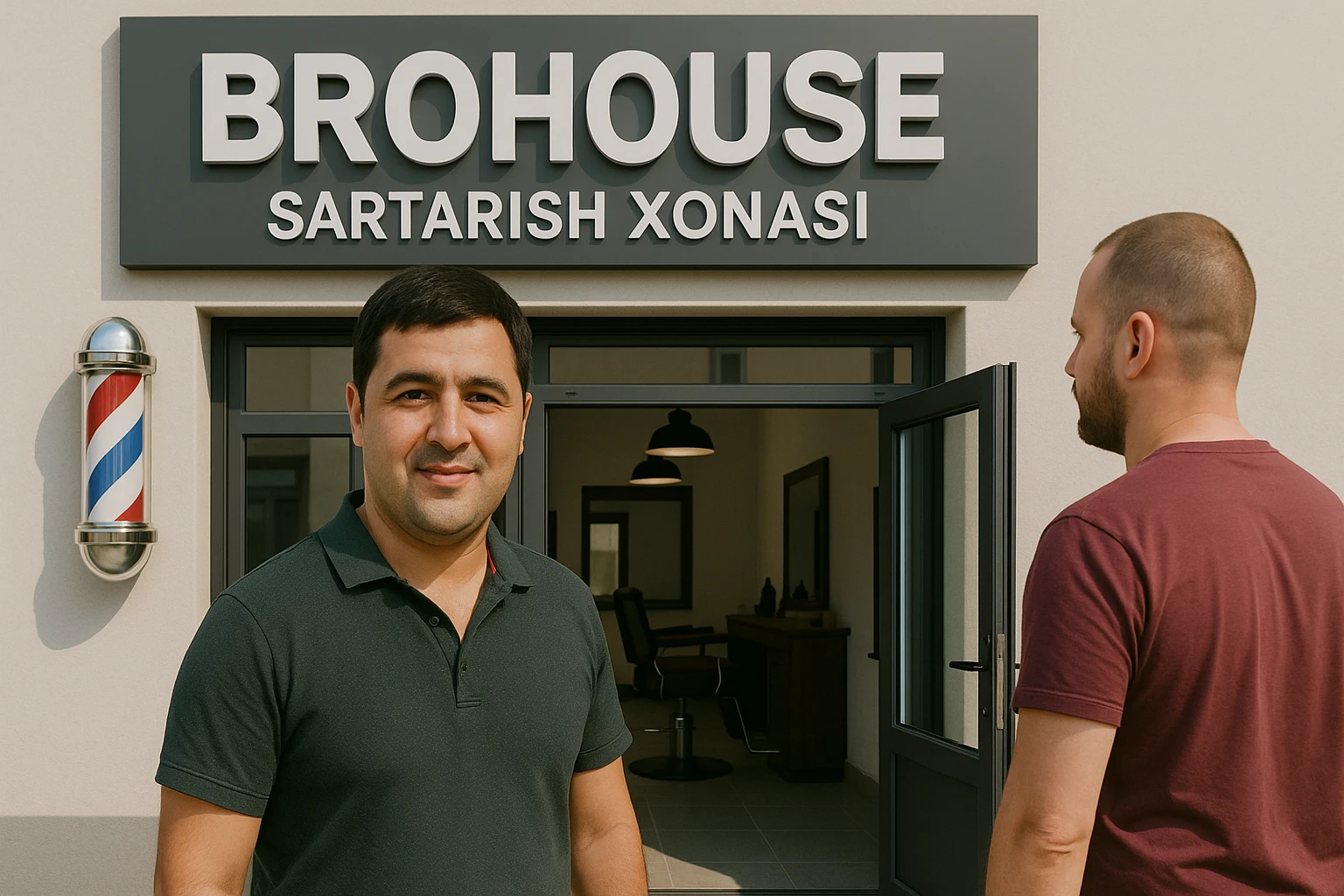 eni shu rasimga manashu odamga uxhshasin sartaosh eshik oldida tursin va tashqarida esa mijoz rasm esa 16 ga 9 bulsin 1920x1080 emoji