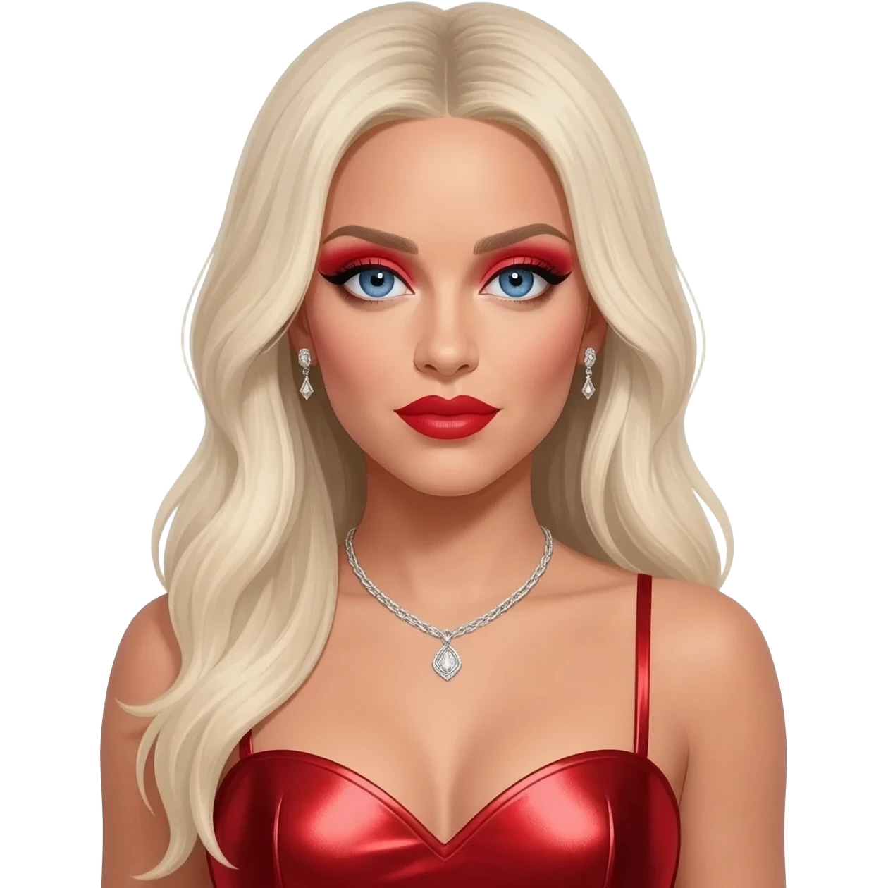Christina Aguilera with blue eyes, long platinum blonde hair, red eyeshadow and lipstick, red metallic sweetheart dress, silver necklace and earrings emoji