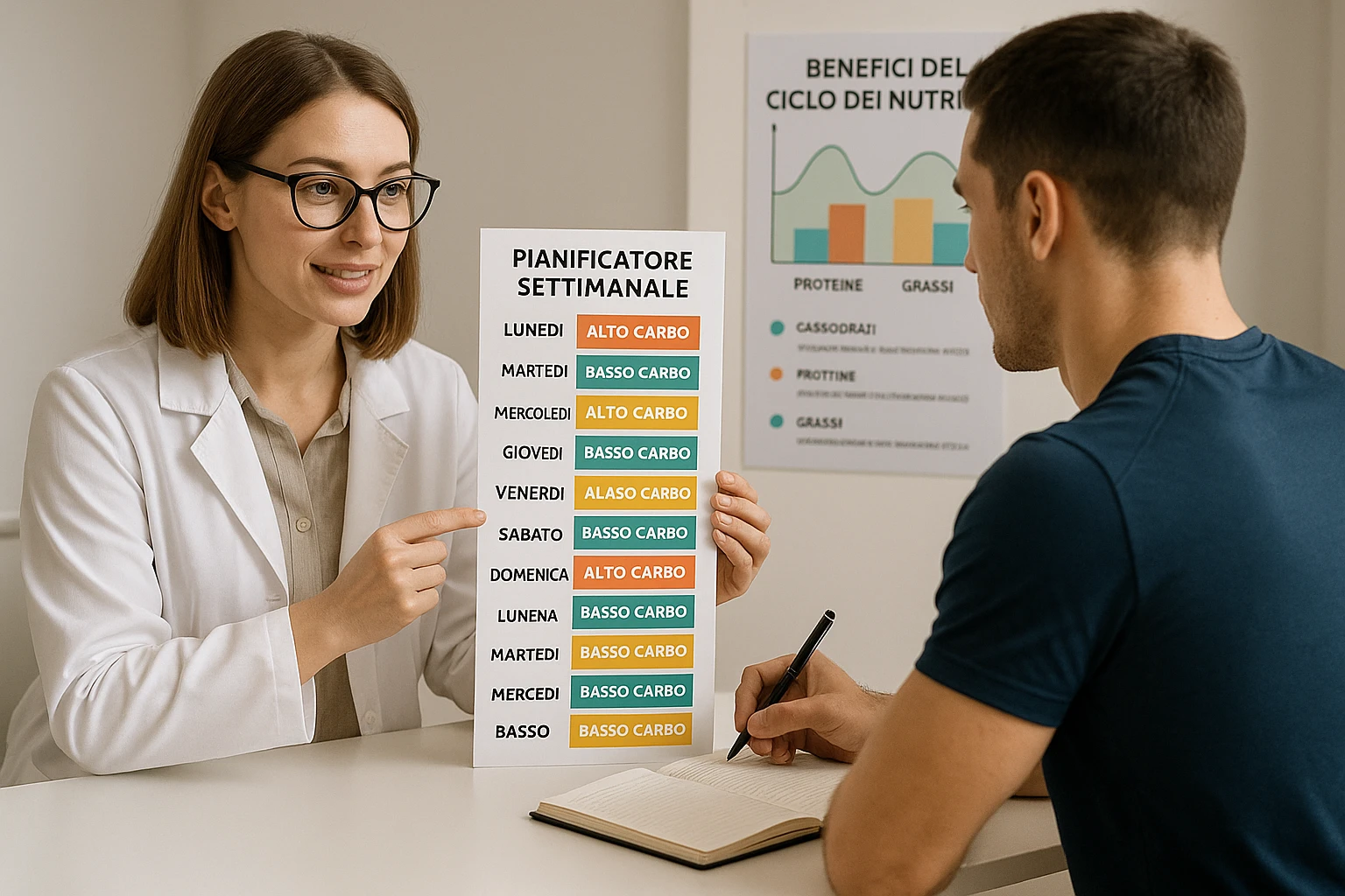 nutritionist showing an athlete a vertical weekly meal planner with alternating high-carb and low-carb days, color-coded sections for proteins, fats, and carbohydrates, text in Italian written vertically. The athlete is taking notes, with a chart illustrating the benefits of nutrient cycling in the background. Professional atmosphere. emoji