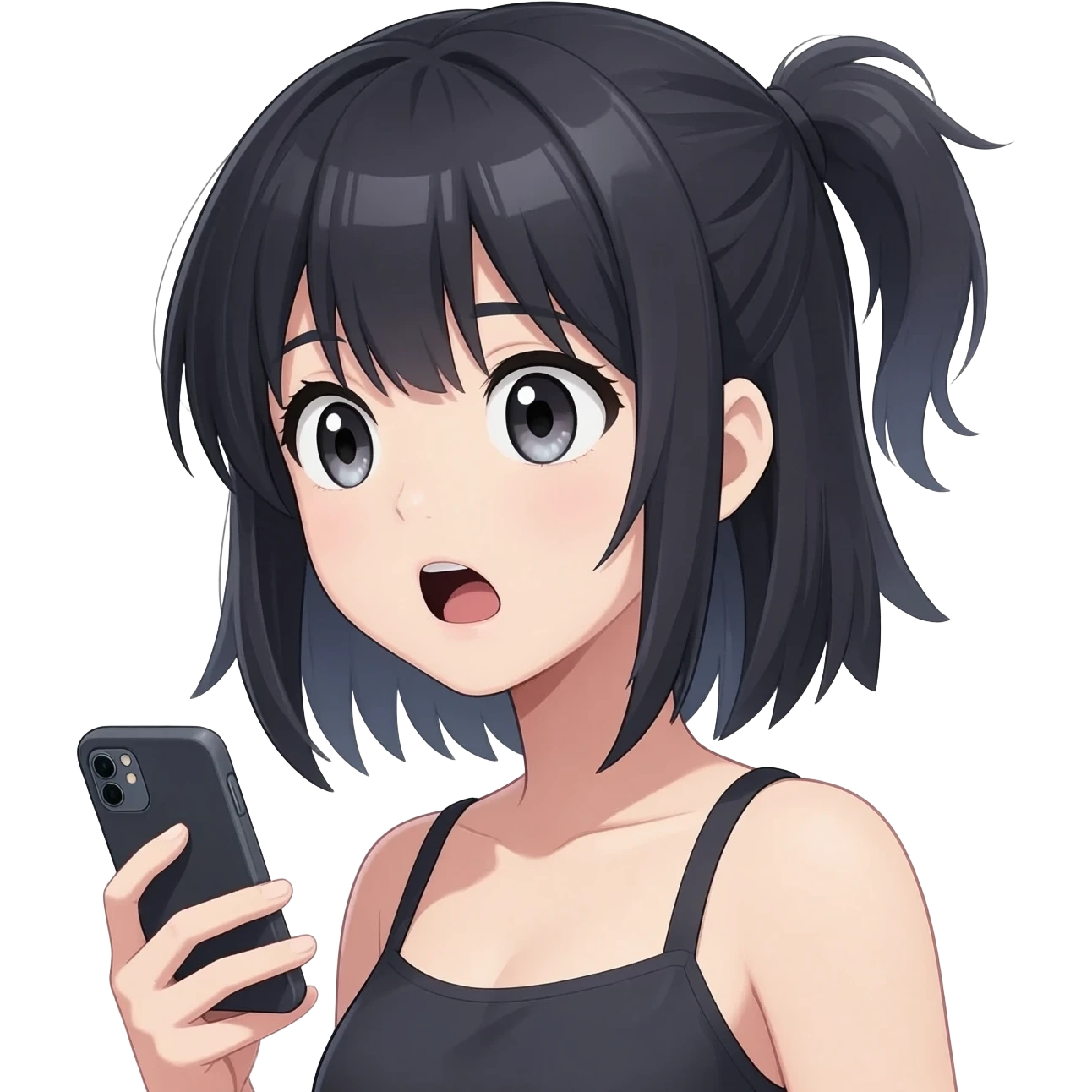 Mixture of shocked emoji of a anime girl with sharp looks side angle and while holding phone emoji