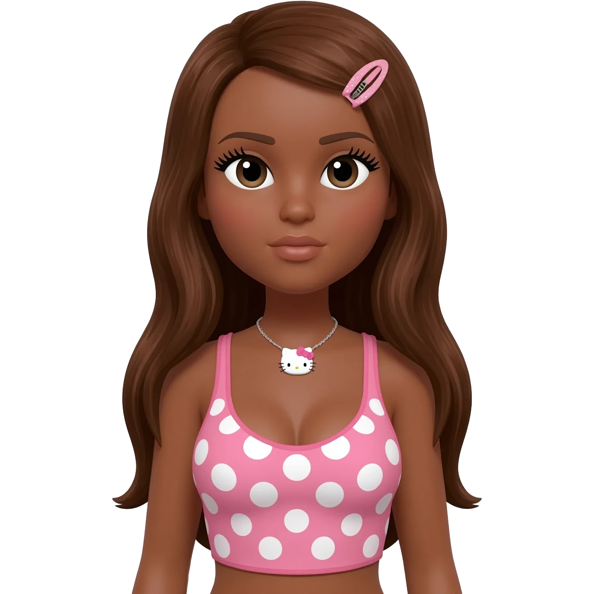 doll eyes with long lashes, dark brown skin, long brown hair, big chest, hello kitty necklace, one bow clip, pink and white polkadot tops emoji