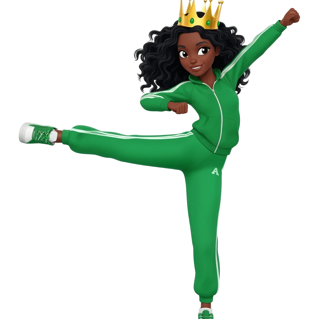 White curvy female with super wavy black hair wearing a crown and doing a high kick wearing a green track suit emoji
