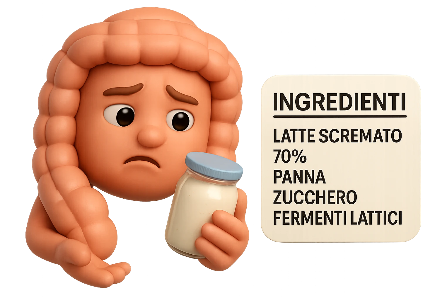 SU QUESTO STILE FAI UN EMOJI STILE IPHONE 3D DI UN INTESTINO CHE HA IN MANO UN BARATTOLO DI YOGURT CONFEZIONATO DA SUPERMERCATO E LEGGE L'ETICHETTA NUTRIZIONALE CON GLI INGREDIENTI IN ITALIANO, ACCANTO ALLO YOGURT CHE HA IN MANO C'è UN FOCUS SULL'ETICHETTA CON GLI INGREDIENTI SCRITTI, FAGLI UN ESPRESSIONE CONFUSA MENTRE LEGGE E FALLO MOLTO REALISTICO IN 3D emoji