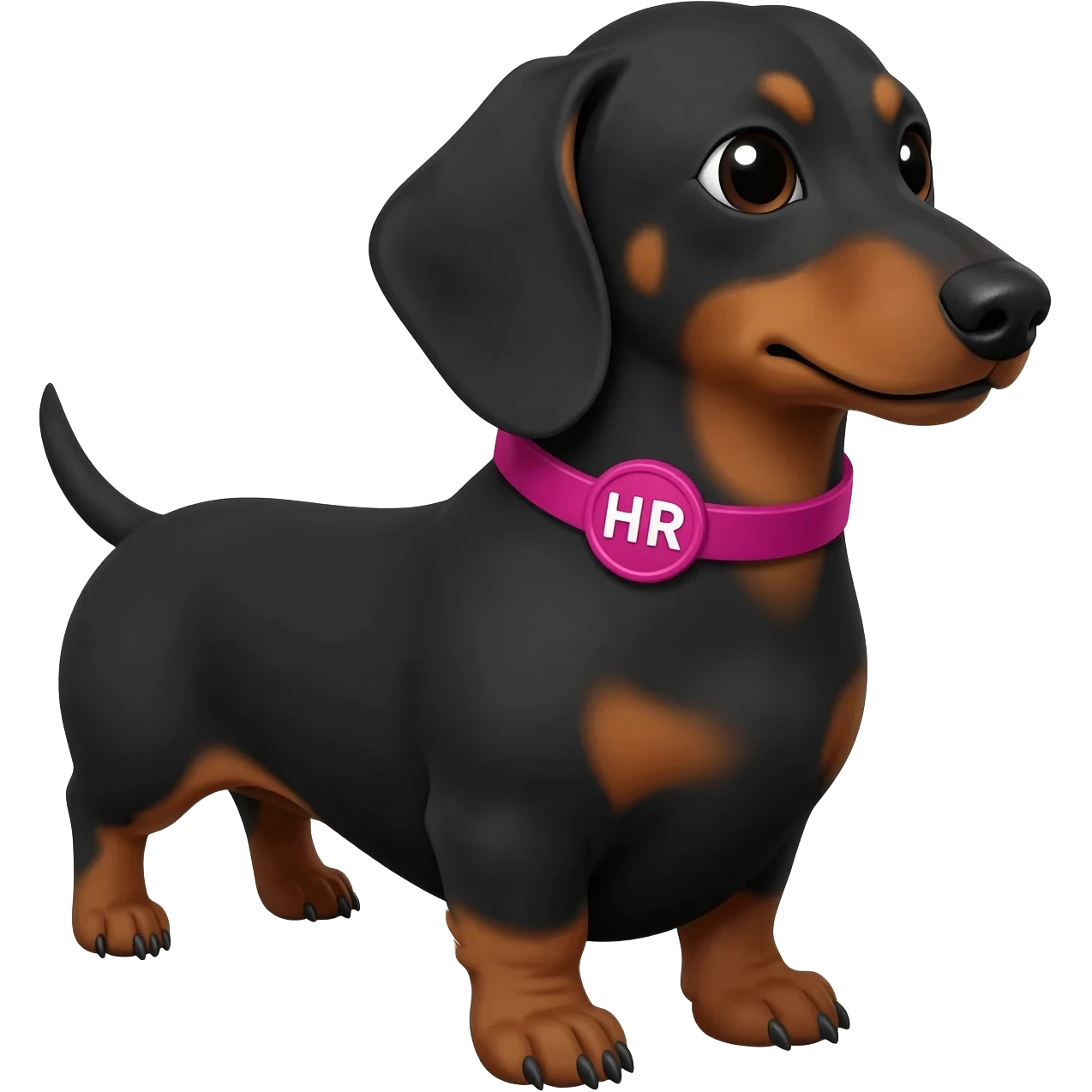 Perrita salchicha de color negro, con un collar de color fucsia que en su placa diga HR. Para promocionar mi ferretería emoji