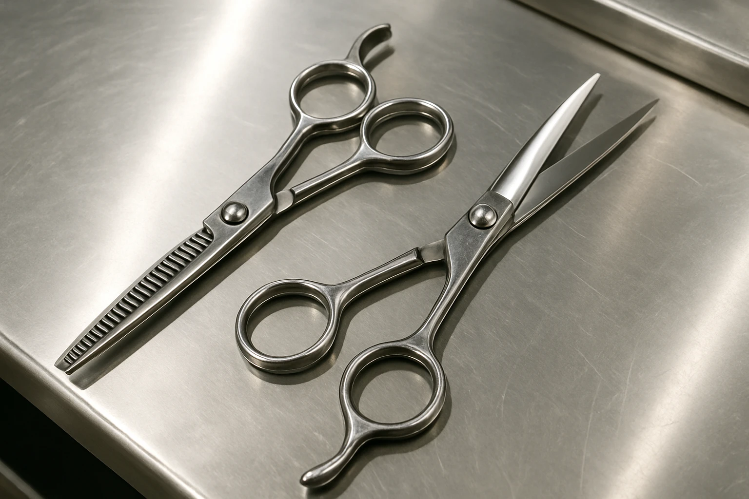 A set of professional barber scissors lies on a stainless steel workbench, gleaming under the bright lights. The blades are sharp and precise, with smooth handles showing signs of frequent use, ready for the next cut emoji