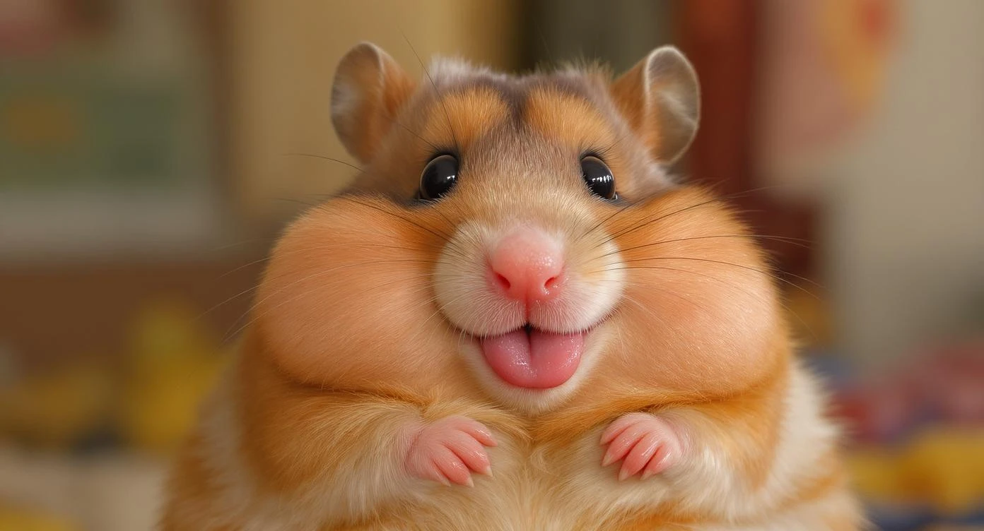 Cinematic still of A portrait of a fat hamster with huge ass showing to camera, meme, hamster is smiling emoji