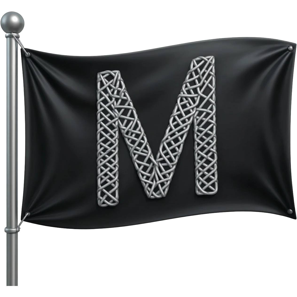 ...Minimalist 3D isometric render based on image_1.png: a large, sharp, geometric letter 'M' woven with matte steel-grey thread central on the draped black silk flag. Polished steel pole, pure white background for sticker quality --no background emoji