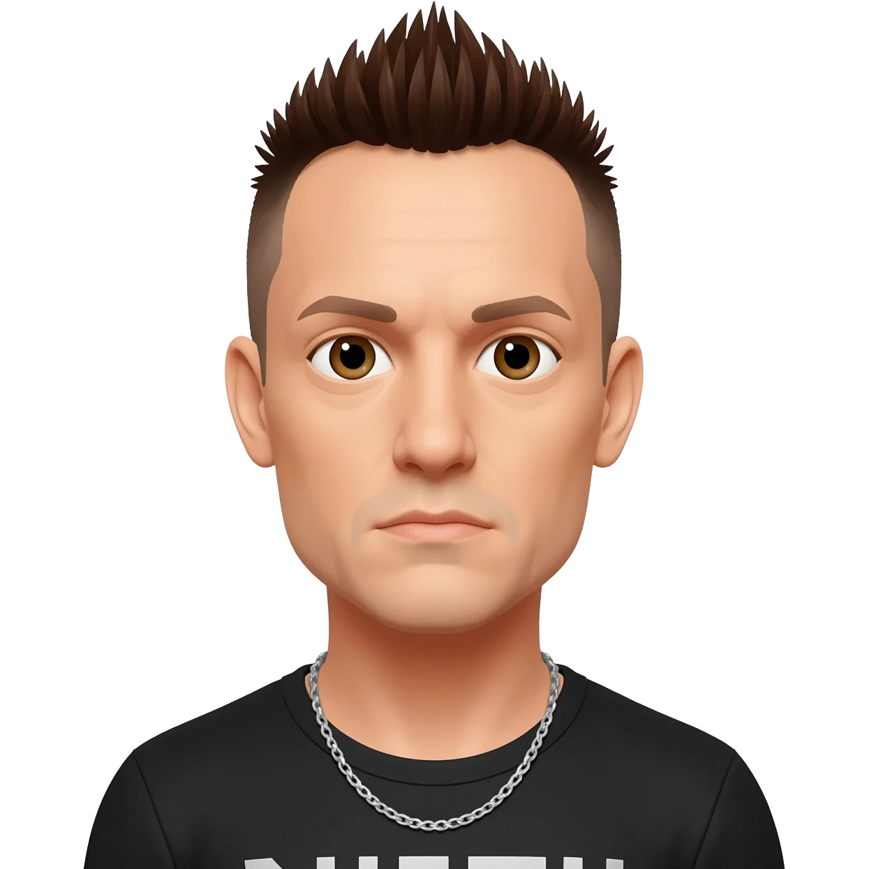 Chester Bennington with brown eyes, dark brown mohawk hair, black metallic t-shirt, silver necklace emoji