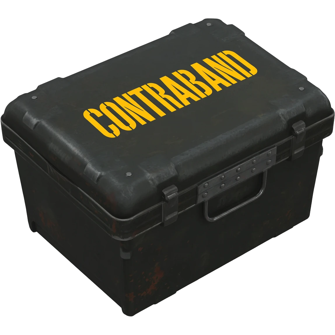 black military ammo box view from 35 degres with a yellow text on it "CONTRABAND" with apple/ios style emoji