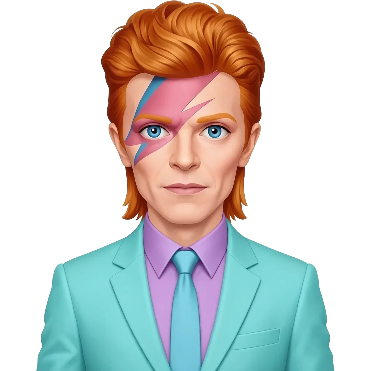 David Bowie with blue eyes, reddish blonde hair, pale purple shirt, pastel turquoise suit jacket and tie emoji