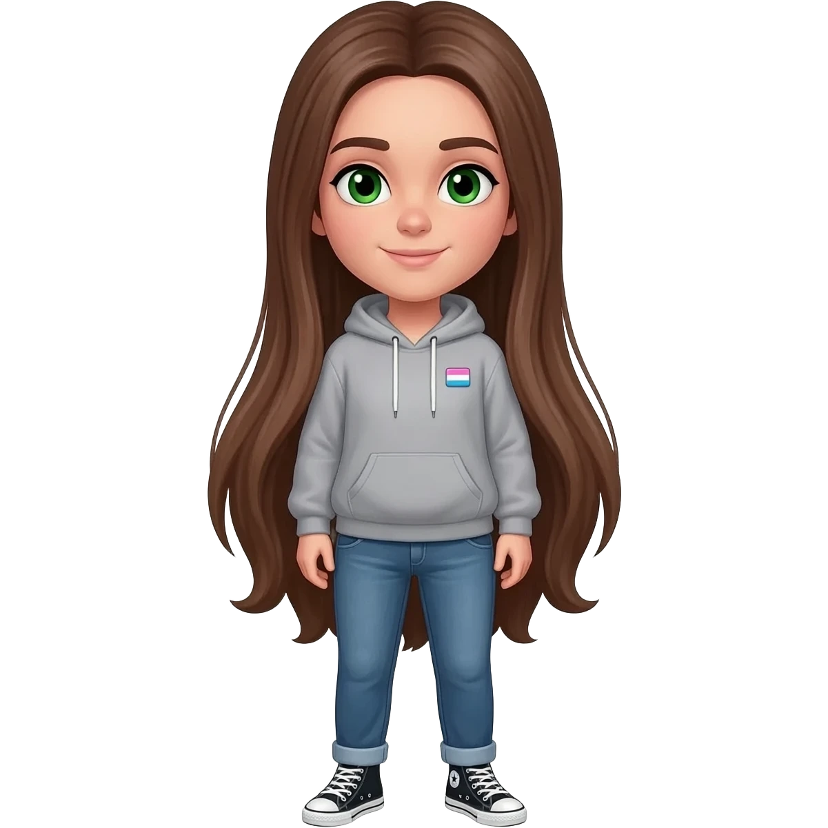 Person with brown hair that goes to their mid back, green eyes a hoodie, jeans and converse with a non binary flag pin emoji