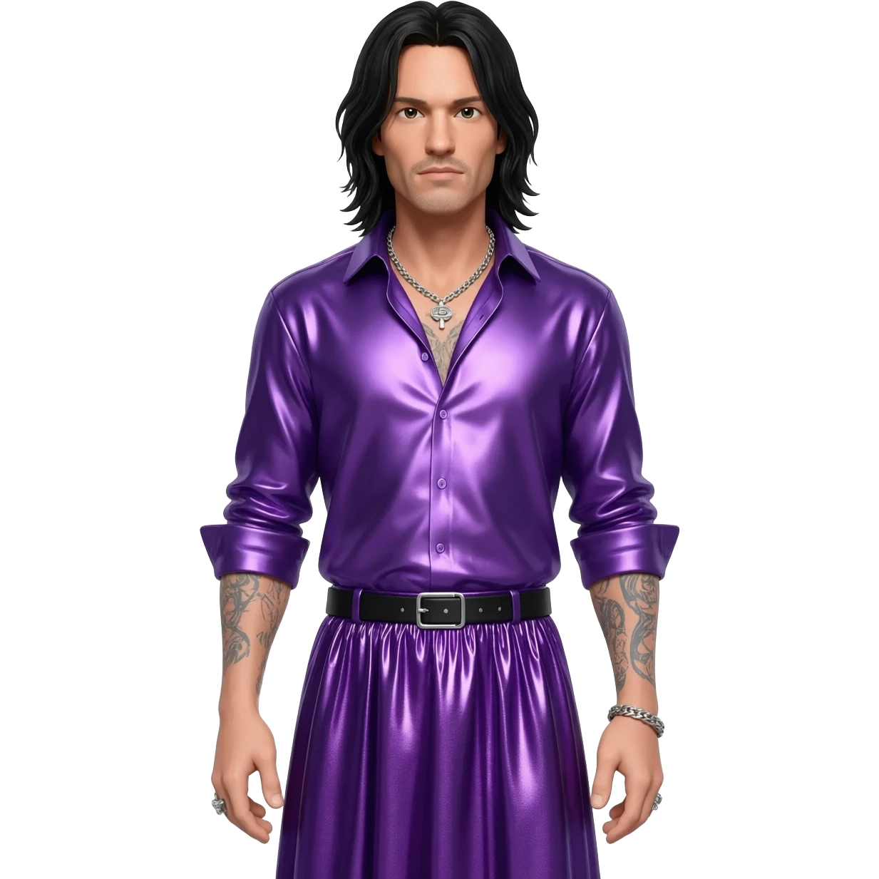 Jonathan Davis with long black hair, purple metallic shirt, purple metallic long baggy skirt , silver necklace emoji