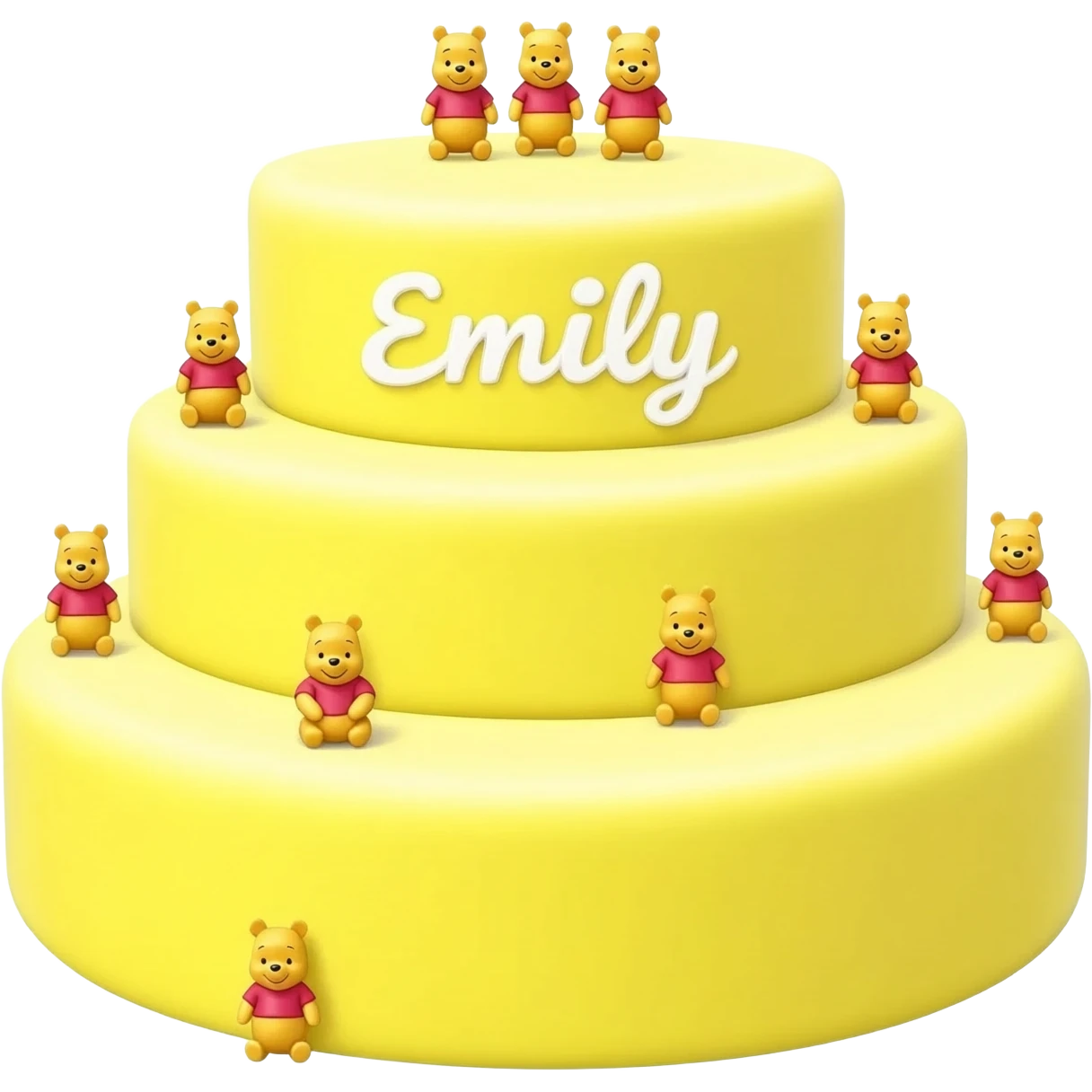 The world's biggest birthday cake that is pastel yellow and has mini Winnie the pooh figures on them and yellow icing and Emily on the cake emoji