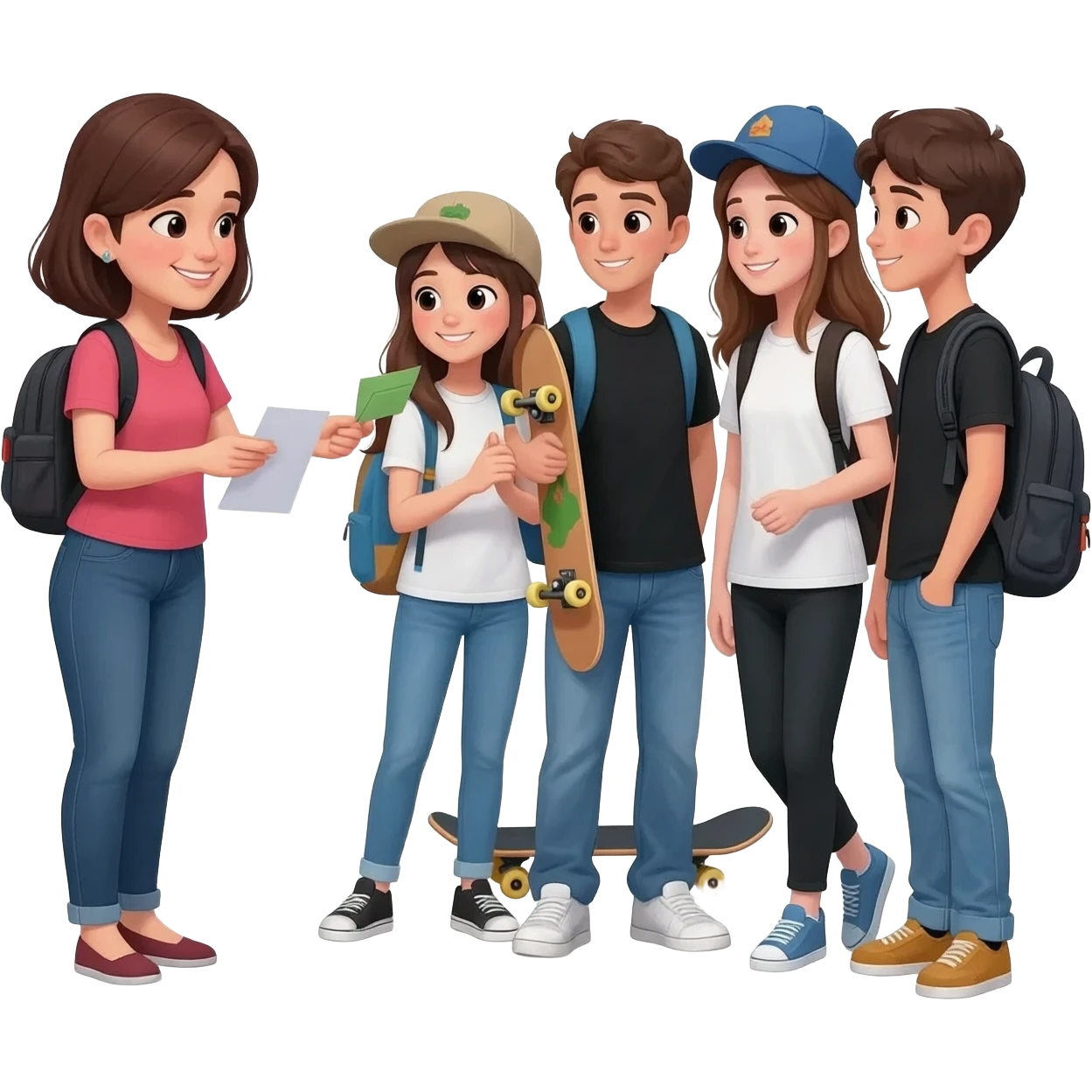 A 45-year-old woman is handing out leaflets and talking to a group of teenagers dressed in jeans and black or white t-shirts. Some may have a cap, others a bag, and others a skateboard. emoji