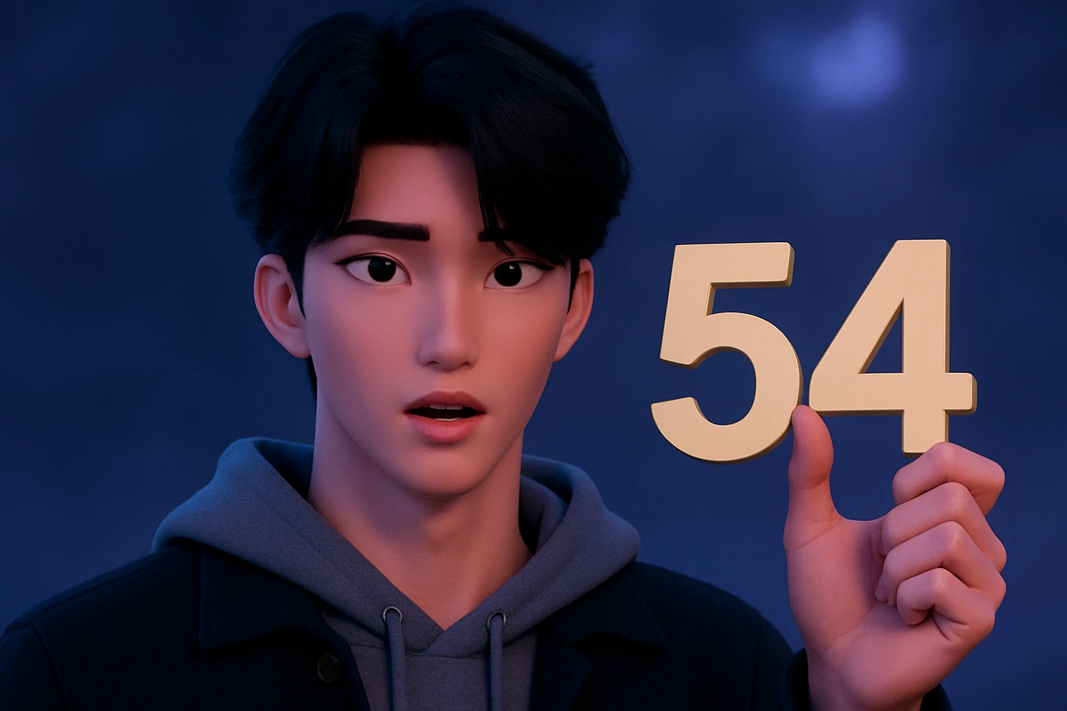 Make the character hold the number 54 in their left hand, keeping the original style and pose. Only add the number 54, do not change anything else. emoji