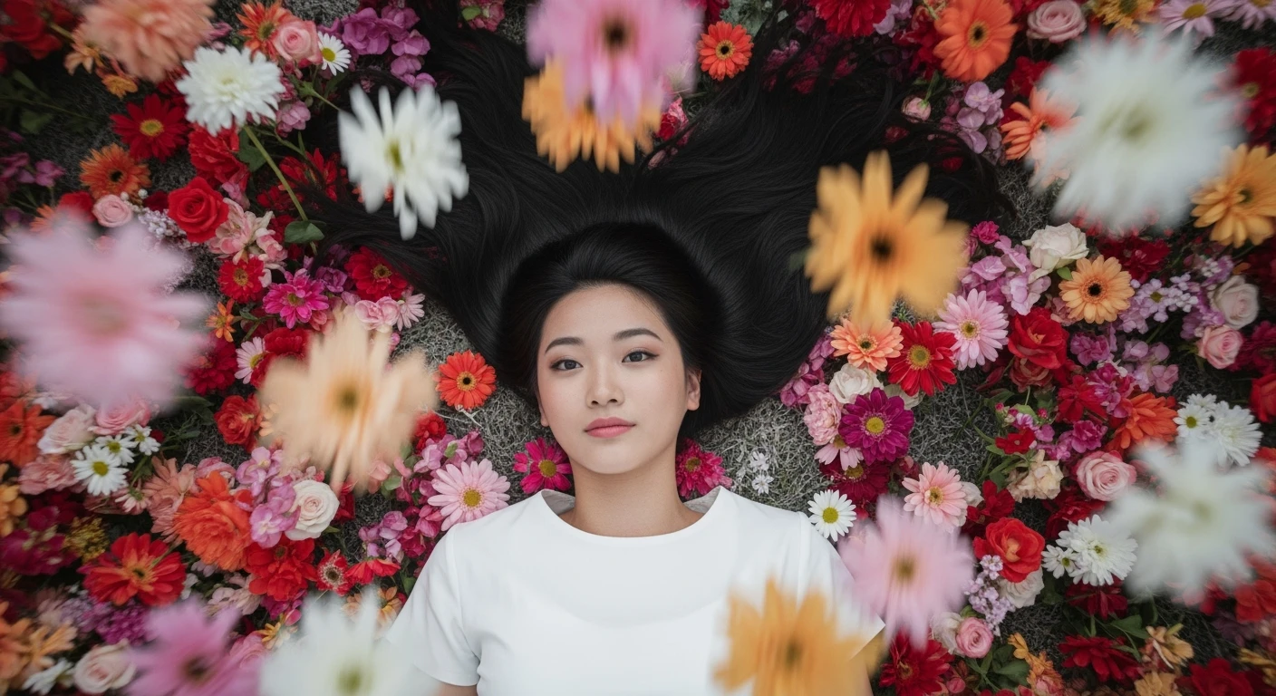 Camera drom top, Motion blur Extreme Closeup photo of a beautifull woman lay around beautifull colorfull flowers, cinematic light, Monochromatic, 8K, very detailed, sharp, depth (foreground, midground, background) emoji